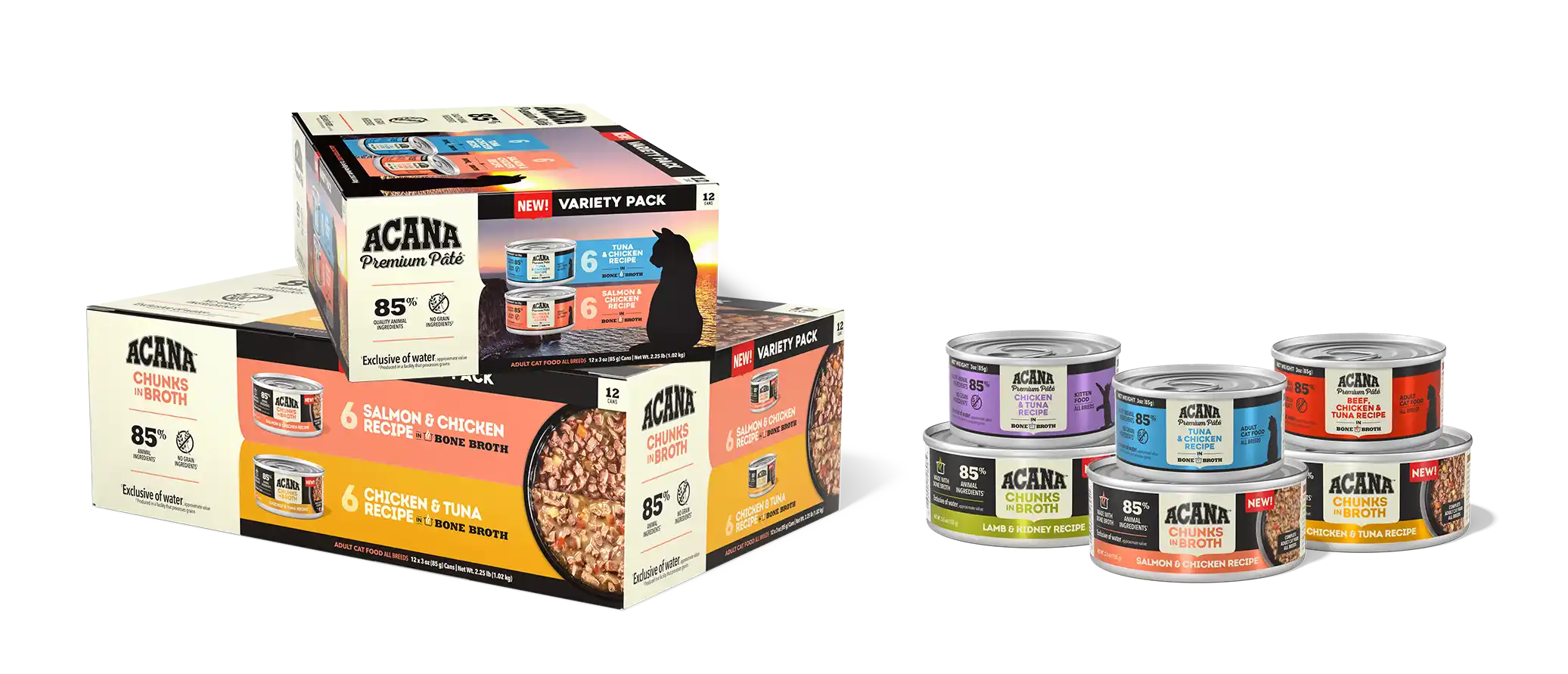 Complete ACANA Wet Cat Food lineup showing single cans and variety box packs
